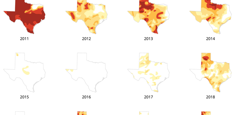 A series of Texas maps showing droughts severity from 2011 to 2022