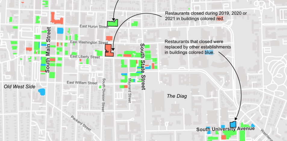 Map showing whether Ann Arbor restaurants are closed or open
