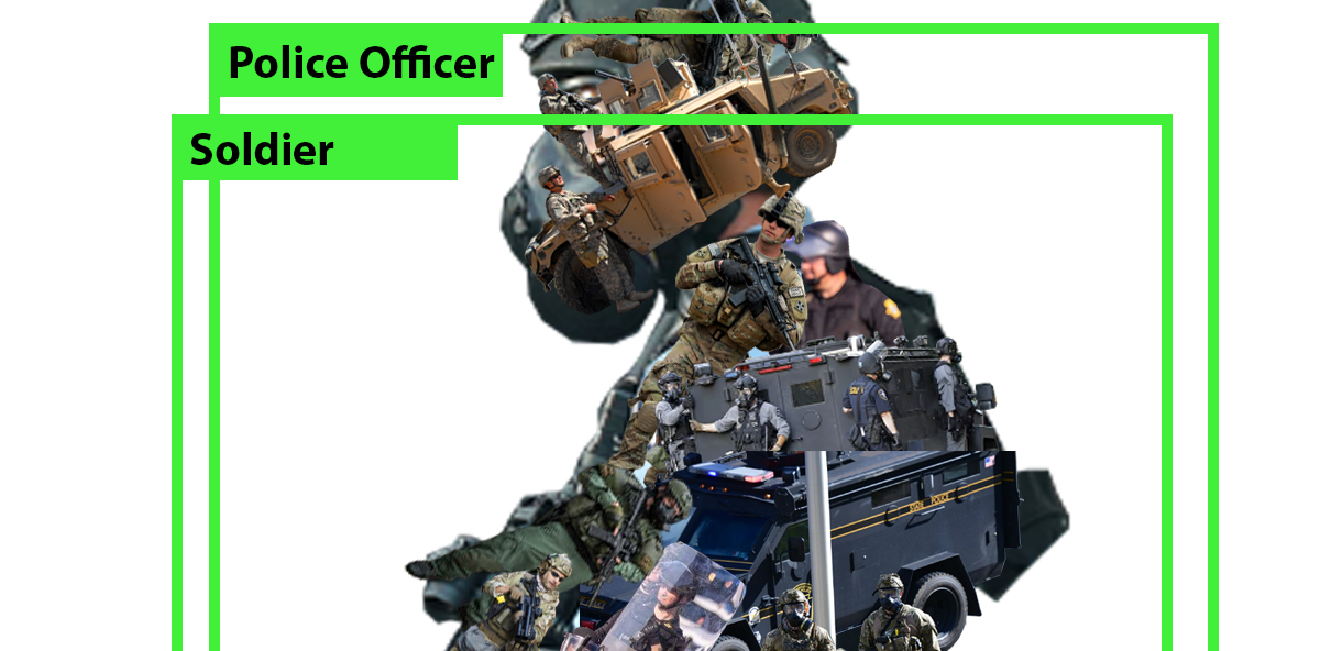 A figure composed of several police officers with tactical uniforms and riot gear. The figure is outlined by a green rectangle labeled "Police Officer" and another labeled "Soldier."