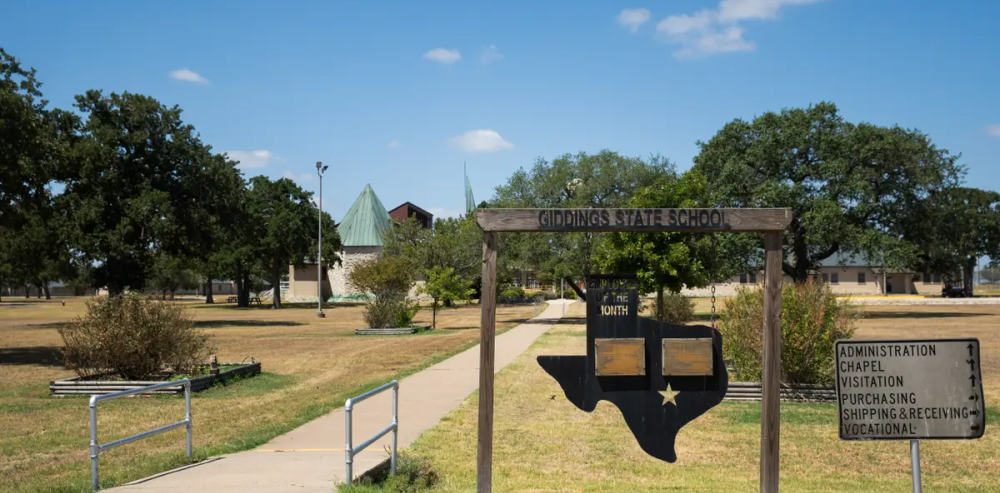 The entrance to Giddings State School, a Texas Juvenile Justice Department prison in Lee County.