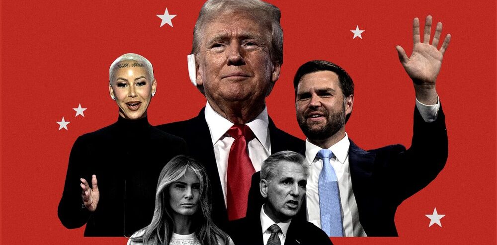 Collage of Donald Trump, JD Vance, Amber Rose, Melania Trump and Kevin McCarthy in front of a red background with white stars surrounding them.